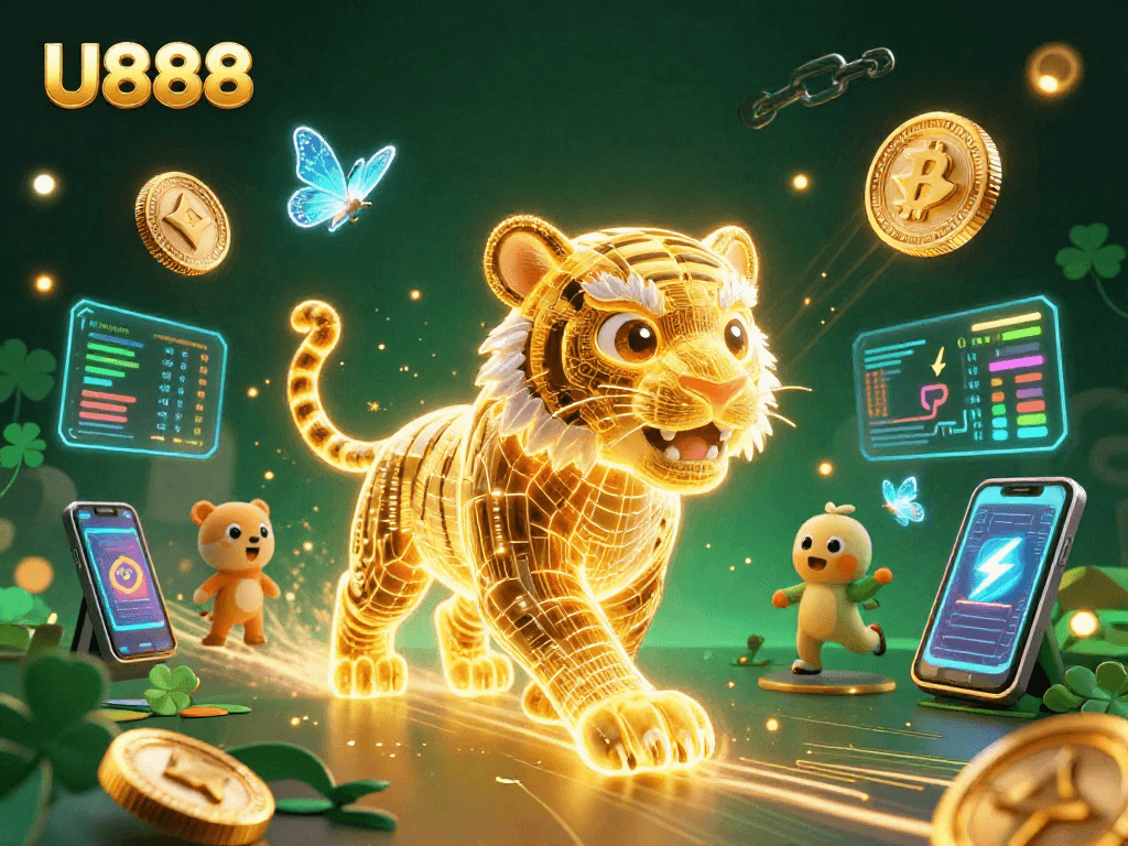 Join the thrilling U888 digital casino experience with vibrant characters and crypto elements.