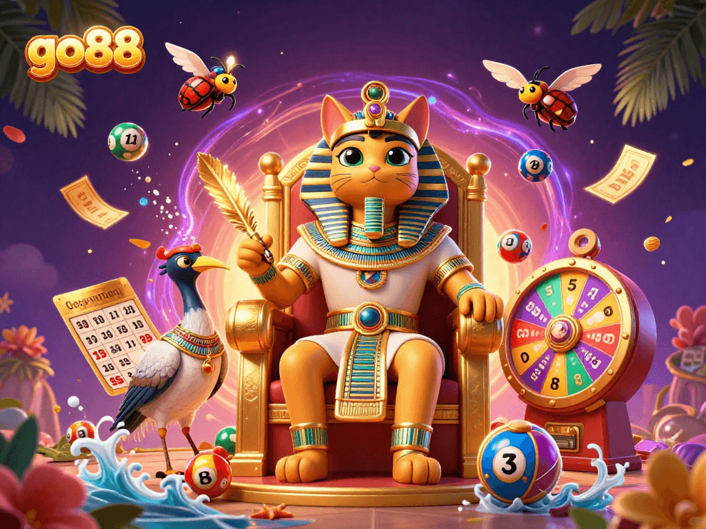 Engage with go88's excitement as lottery balls bounce around a pharaoh-themed casino scene.