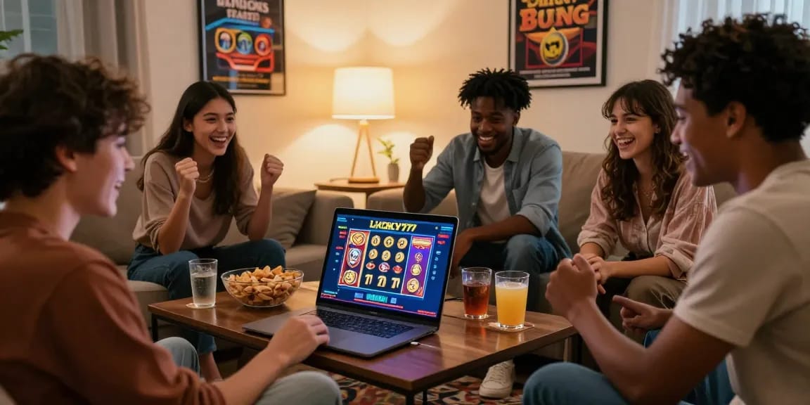 Friends enjoying a thrilling game at lucky77 online casino, surrounded by snacks in a cozy living room.
