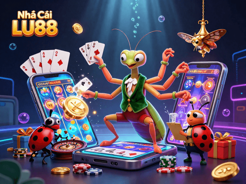 Engage in thrilling gameplay at Nhà Cái LU88 with a vibrant casino scene featuring dynamic characters and rich gaming elements.