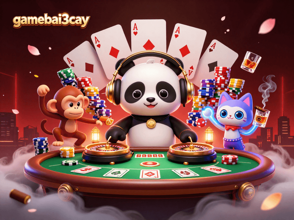 Experience the vibrant nightlife and casino excitement with gamebai3cay, featuring a DJ panda and glowing casino elements.