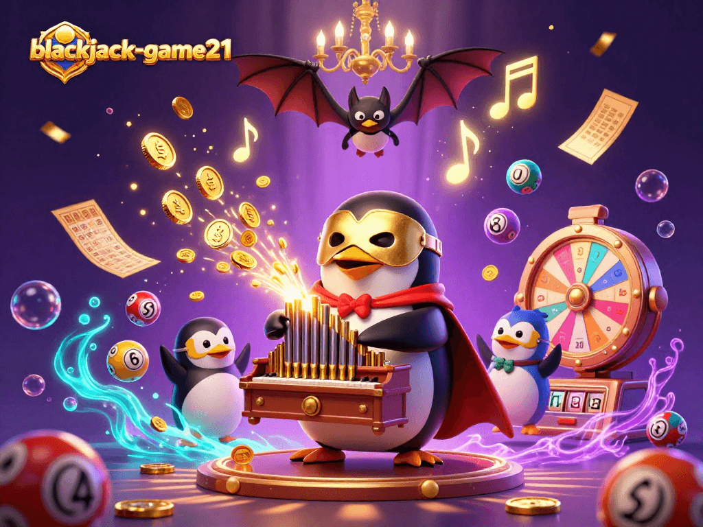 Experience thrilling gameplay with blackjack-game21's cartoon scene depicting exciting casino elements.