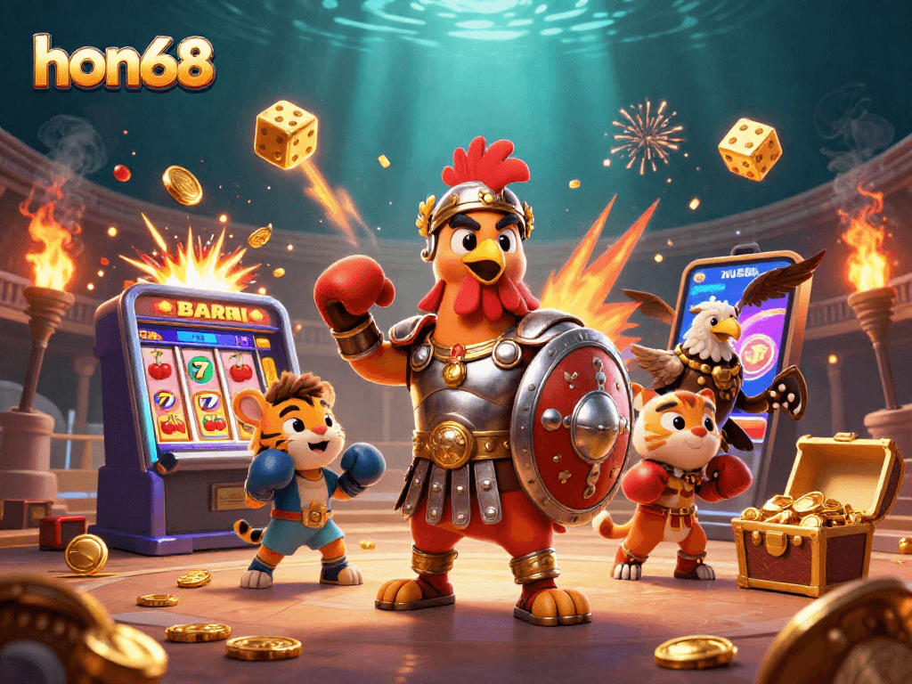 Spin for jackpots with hon68's vibrant 3D slot scene featuring game elements and characters.