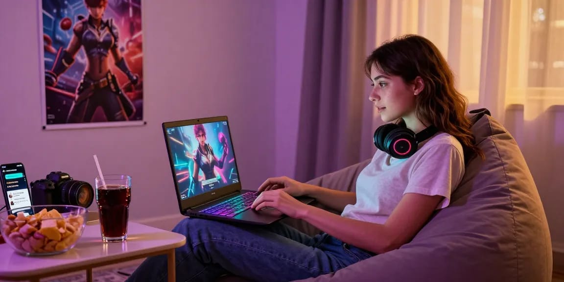 Relaxed gaming scene with a woman enjoying female protagonist porn games in a cozy room.