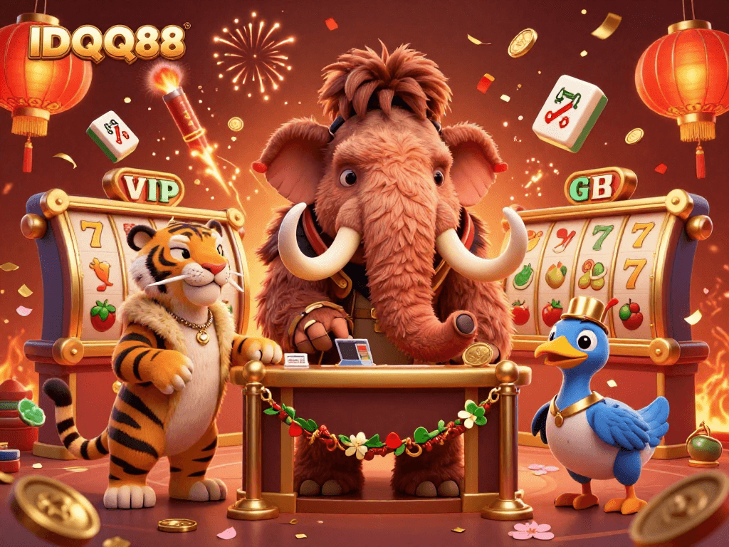 Engage with IDQQ88 through a vibrant casino scene featuring a woolly mammoth bouncer, saber-tooth guest, and dodo doorman.