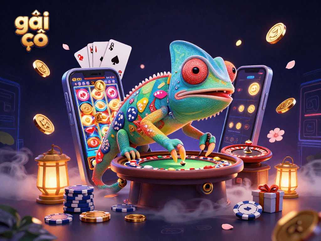 Engage with gái gọi at a vibrant digital casino scene featuring spinning slot games and golden coins.
