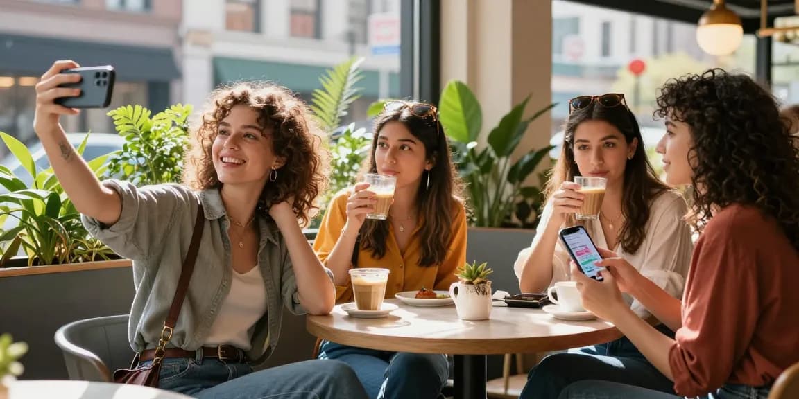 Nhóm gái gọi trẻ trung vui vẻ bên ly cà phê tại quán café thành phố.