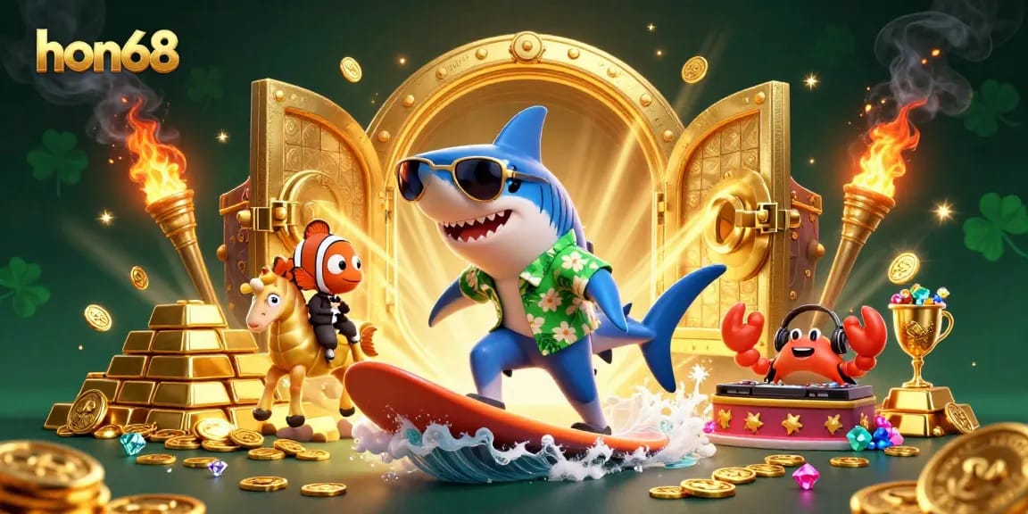 Experience excitement at hon68 with a 3D cartoon scene filled with gold coins and vibrant sea creatures.