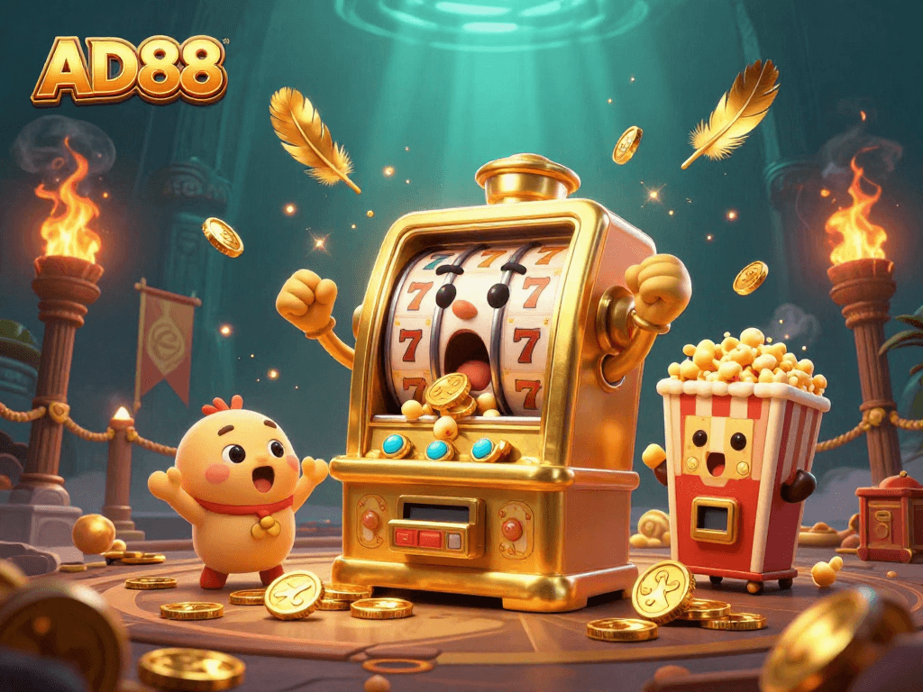 AD88 slot machine celebrating a jackpot as coins pour out, showcasing the excitement of online gaming.