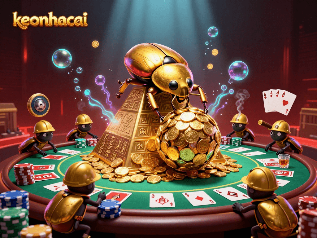 Experience keonhacai's golden treasures at a vibrant casino scene filled with excitement and action.