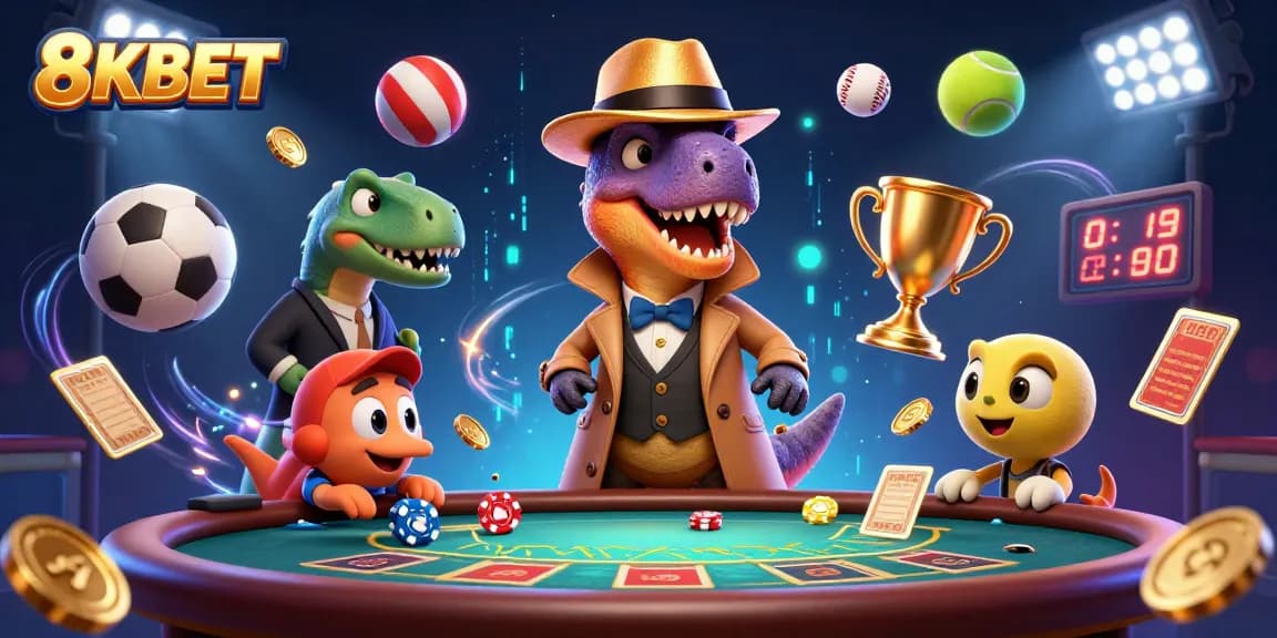 Bet on exciting games at 8KBET with a thrilling 3D casino illustration featuring characters and vibrant elements.