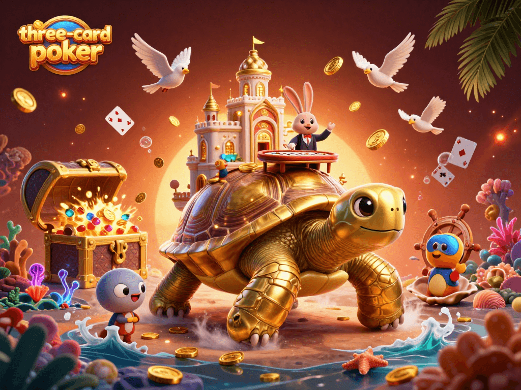Experience the thrill of three-card-poker with a dealer and dynamic casino scene in an exciting 3D art.