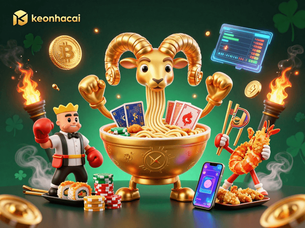 Engage with keonhacai through a vibrant 3D casino scene filled with dynamic characters and crypto elements.