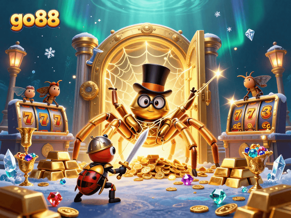 Win big with go88 at this vibrant casino illustration featuring a golden tarantula and beetle knight.