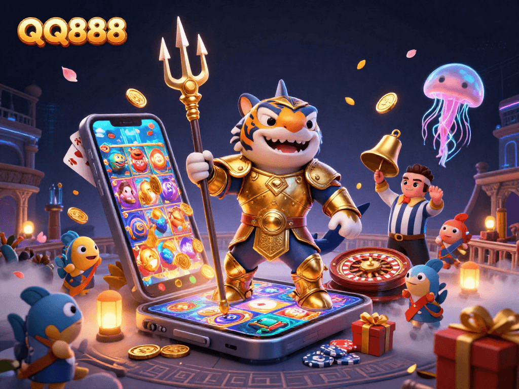 Experience thrilling adventures at QQ888 with a colorful underwater casino scene full of exciting gaming elements.