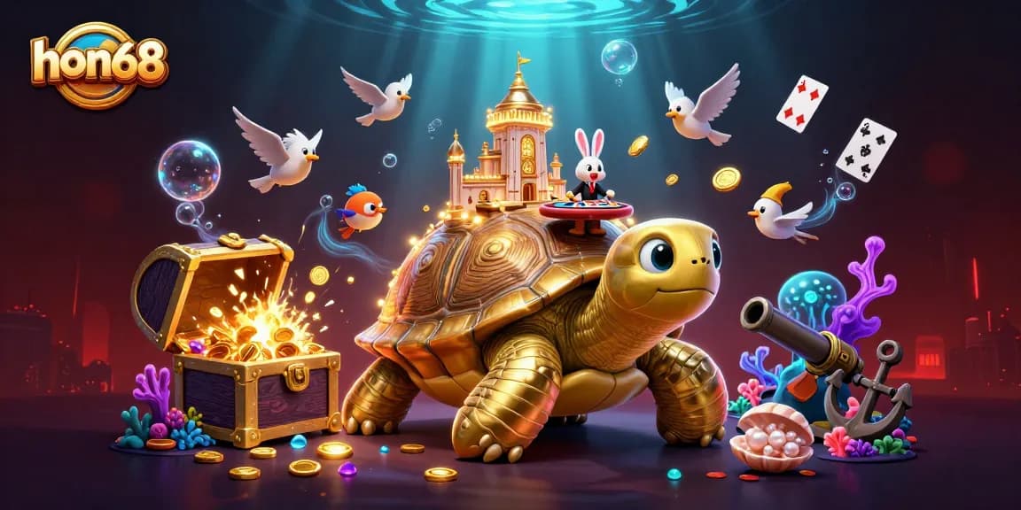 Join the gaming adventure at hon68, featuring a giant tortoise casino scene surrounded by vibrant treasures and a rabbit dealer.