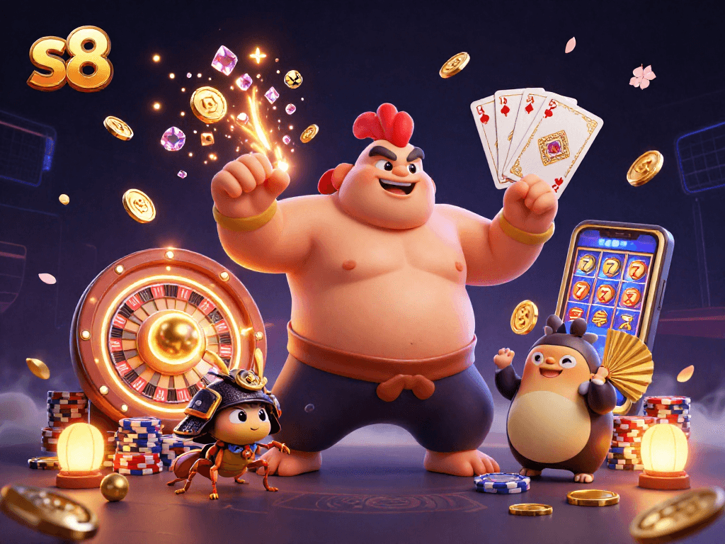 S8 platform showcasing exciting festive elements and casino games in a vibrant 3D illustration