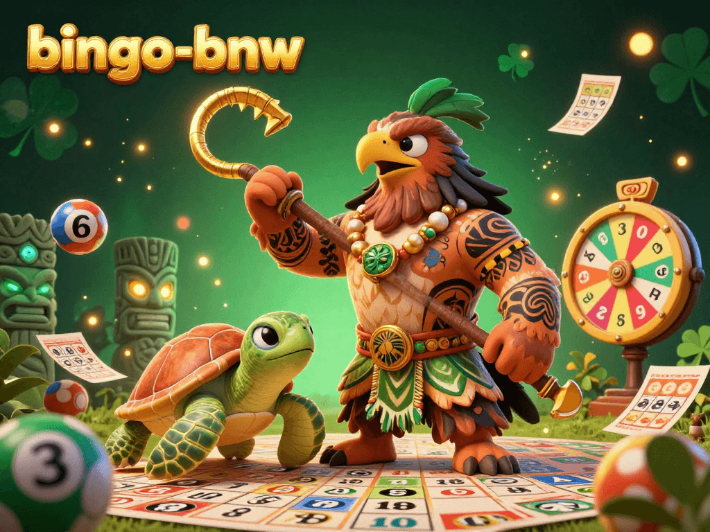 Engage in high-stakes bingo with bingo-bnw where colorful bingo elements surround a Maui-style demigod hawk in a vibrant game scene.