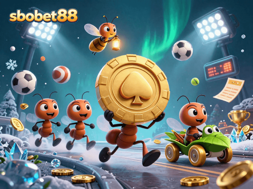 Engaging scene with sbobet88 featuring cartoon ants heist and sports elements around