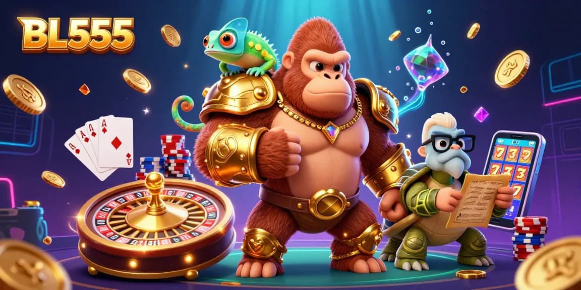 Experience thrilling casino excitement with BL555 as a gorilla in armor joins a chameleon spy and a tortoise elder in a vibrant gaming scene.