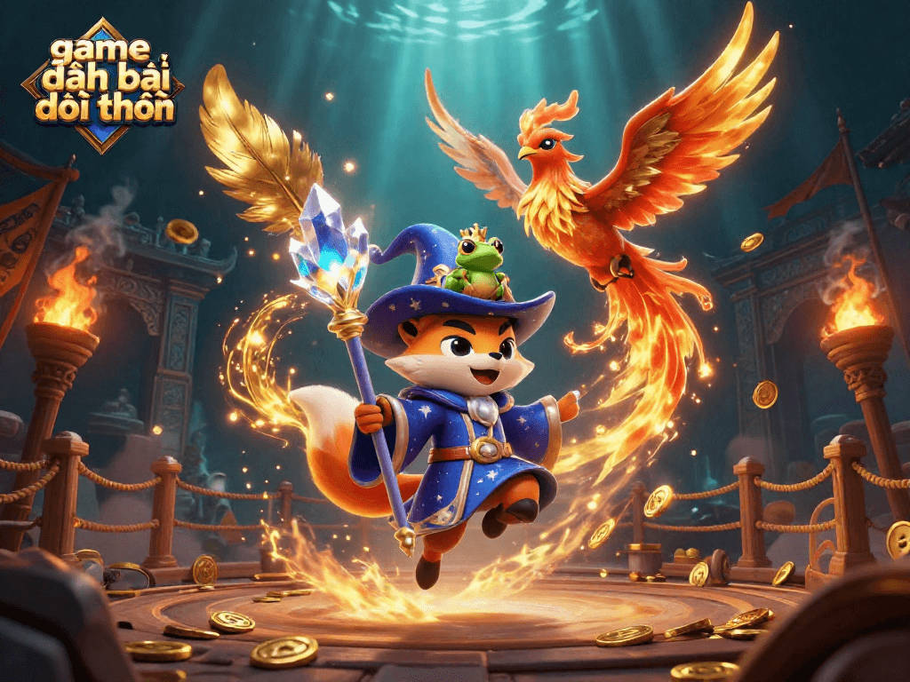 Engage in thrilling game đánh bài đổi thưởng with a mystical wizard, phoenix, and gold tokens.