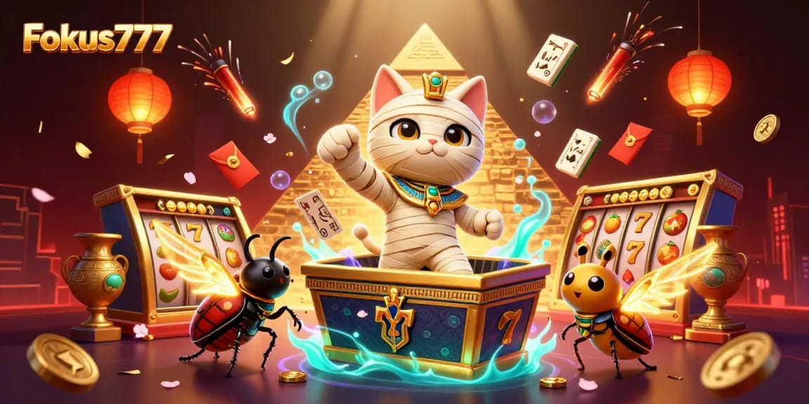 Spin the reels at Fokus777's vibrant casino scene featuring a mummy cat and glowing scarab beetle.