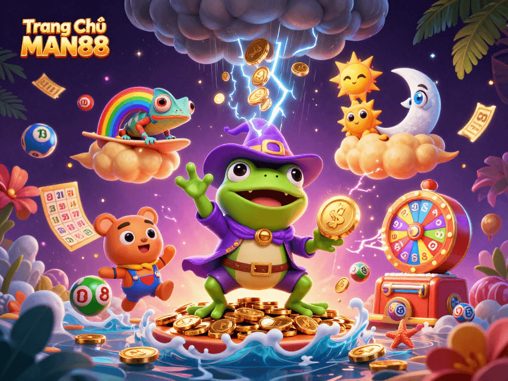 Experience excitement at Trang Chủ MAN88 with vibrant 3D casino illustration depicting thrilling gambling elements.