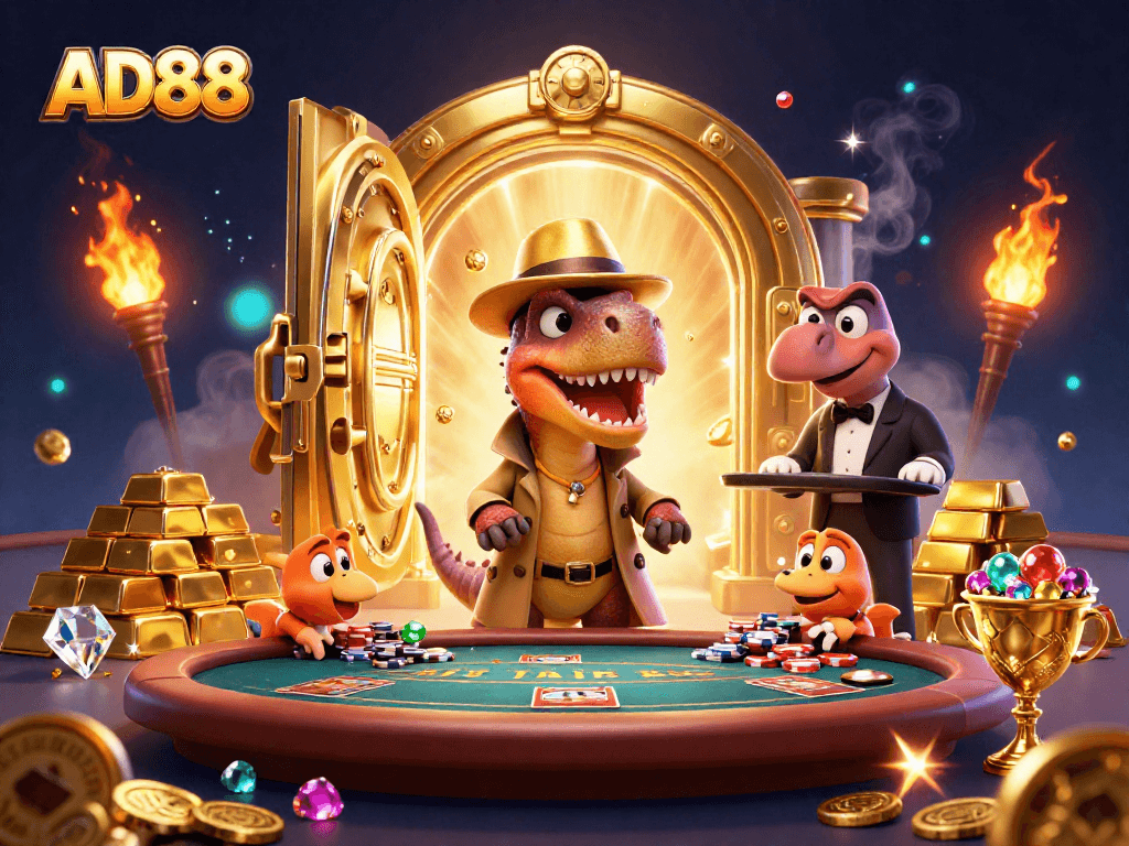AD88 velociraptor card counter at blackjack table among treasure, gold bars, and gems.