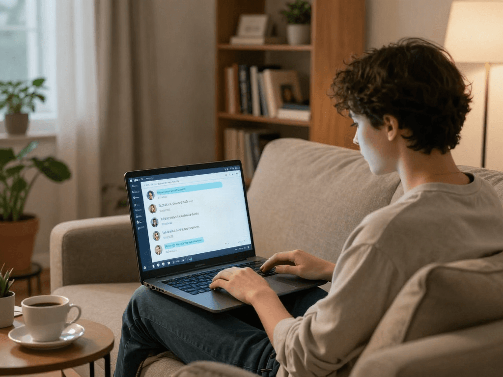 User engaging in an AI sex chat on a laptop in a cozy living room, showcasing emotional connection with AI interactions.