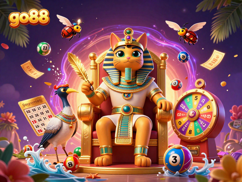 Engage with go88's excitement as lottery balls bounce around a pharaoh-themed casino scene.