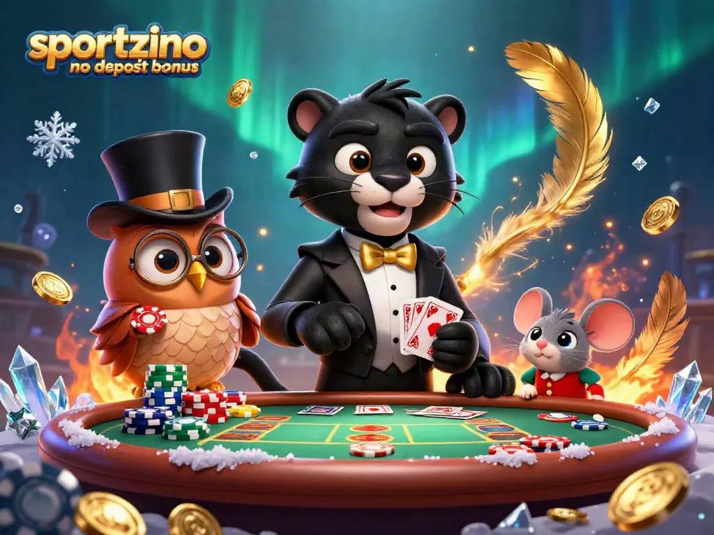 Engage with the sportzino no deposit bonus, showcasing characters at a vibrant poker table with dynamic casino elements.
