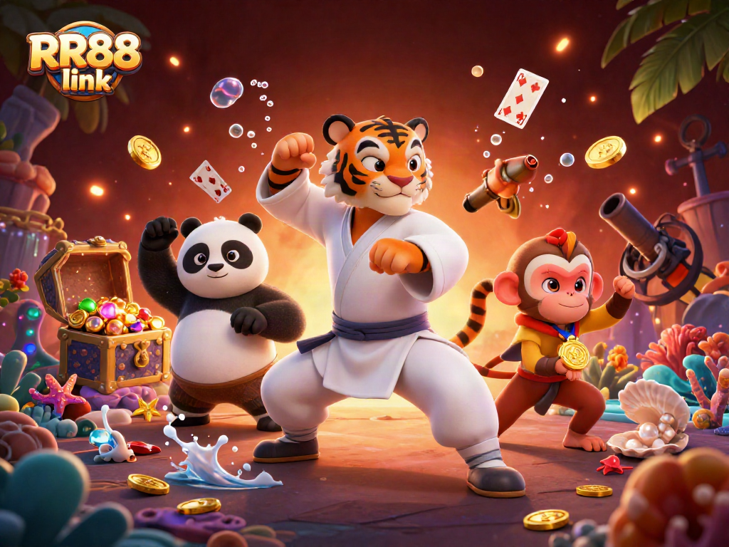 Experience the thrill of RR88 link with this vibrant 3D casino scene featuring a kung fu tiger master and a panda disciple amidst treasure.