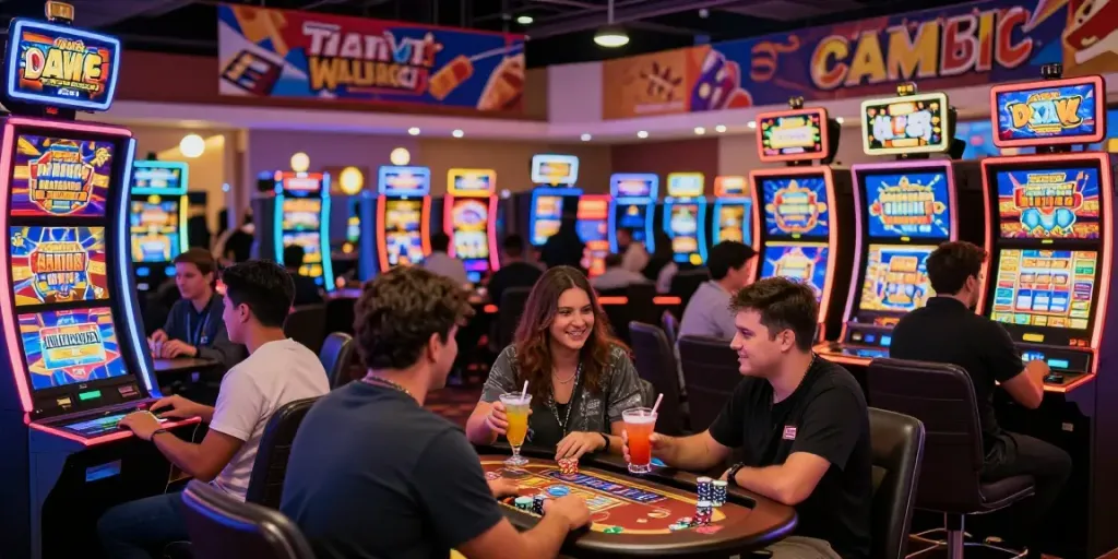 Excited players enjoying สล็อต games on a vibrant casino floor filled with colorful machines.
