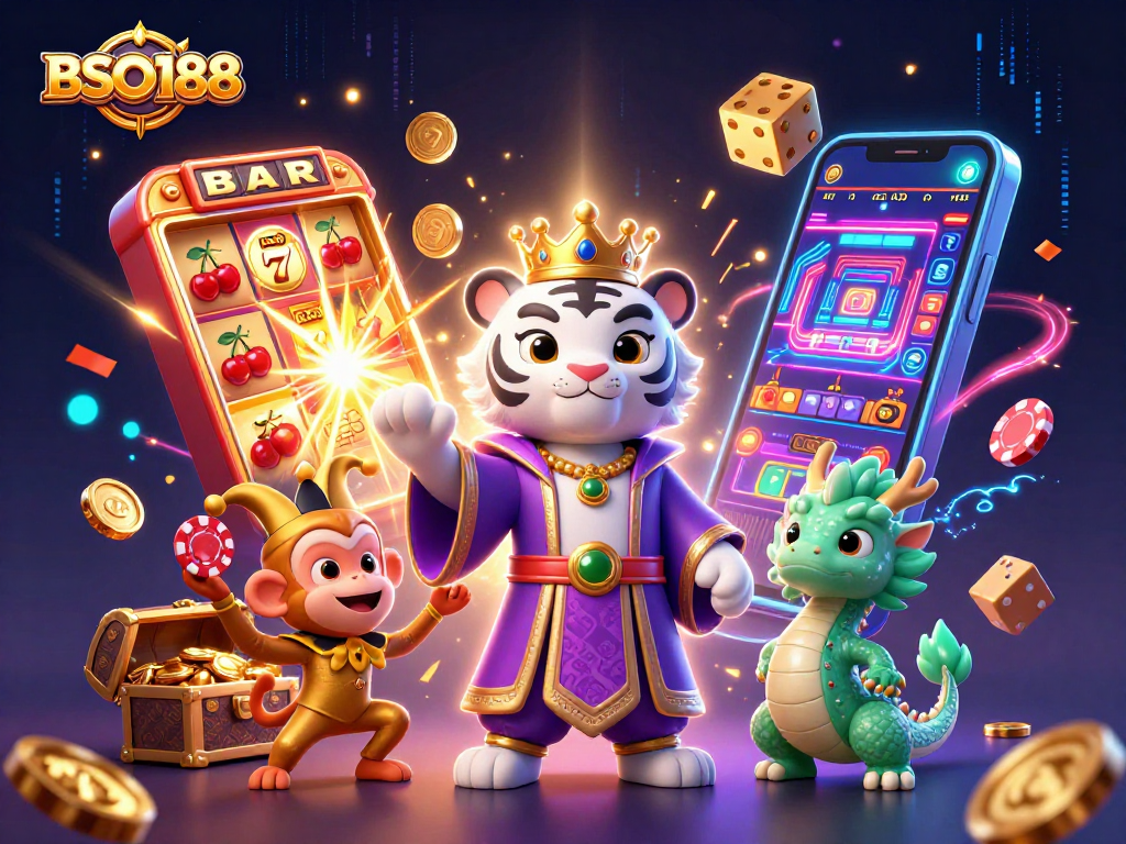 Engage with BSO188's vibrant casino world featuring a tiger, monkey, and dragon.