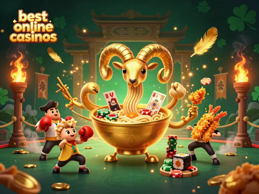 Best online casinos showcase a gold ramen bowl dealer amidst vibrant casino elements.