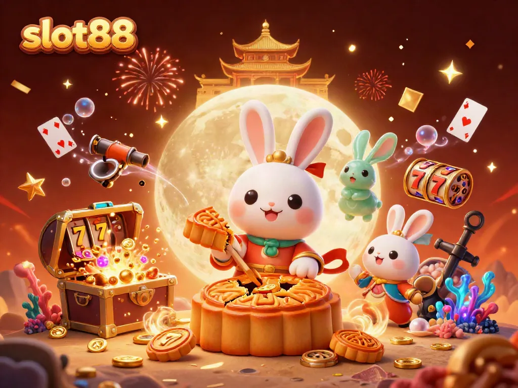 Menangkan jackpot slot88 dengan karakter kelinci bulan yang menumbuk kue bulan berkilau di latar belakang yang meriah.