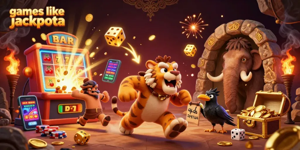 Experience thrilling games like jackpota with a dynamic caveman and sabertooth illustration.