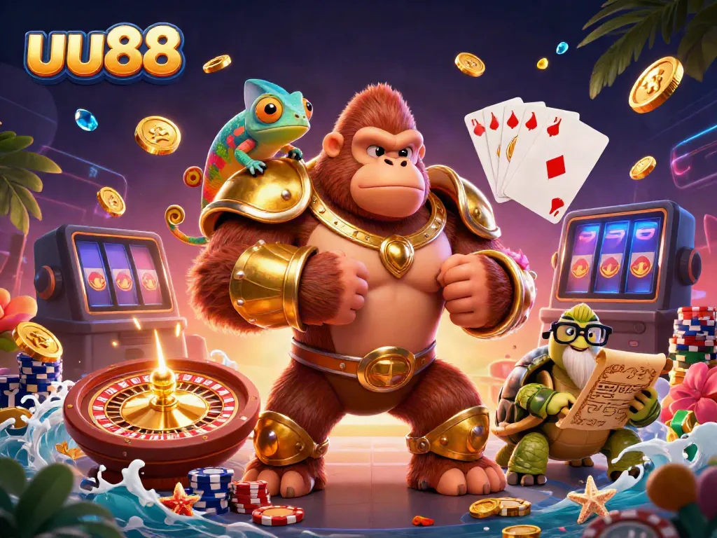 Engage in thrilling gameplay at uu88 with a vibrant casino scene featuring colorful characters and rich game elements.