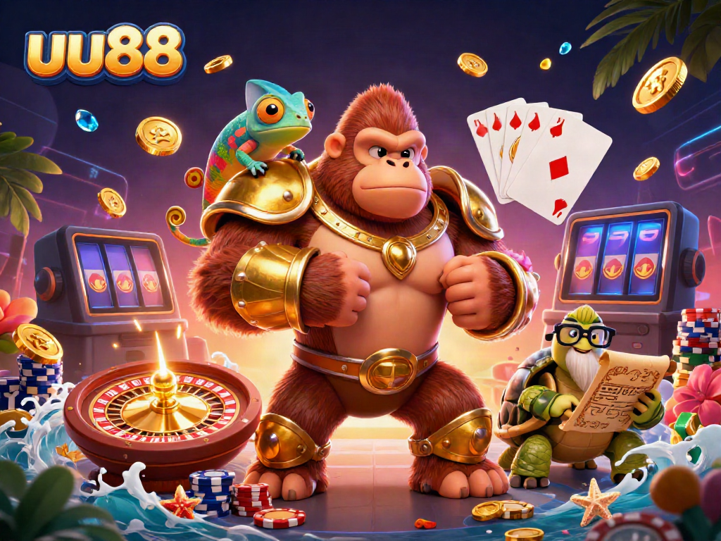Engage in thrilling gameplay at uu88 with a vibrant casino scene featuring colorful characters and rich game elements.