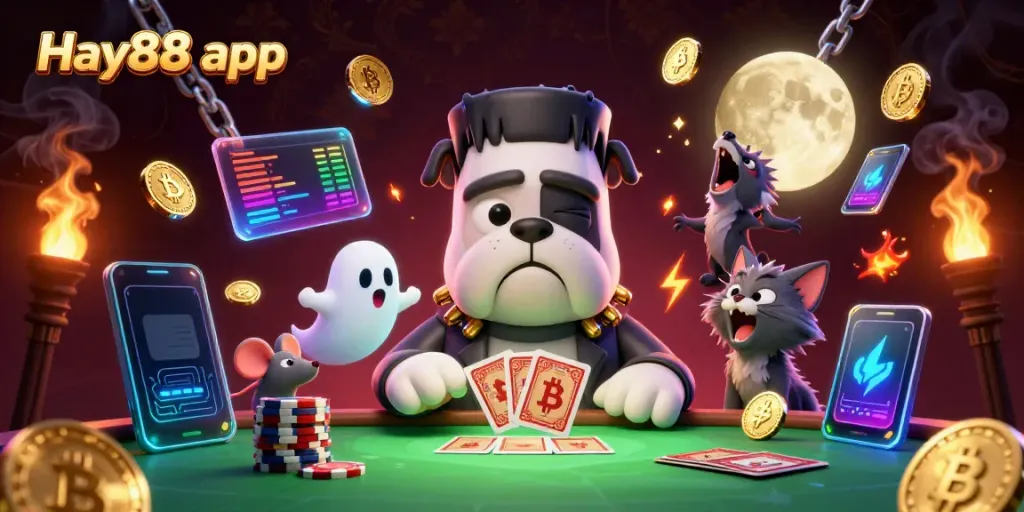 Engage with the Hay88 app featuring a colorful 3D illustration, showcasing unique characters in a vibrant gaming atmosphere.