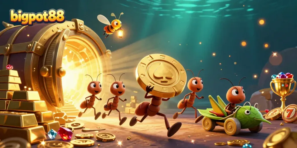 Asah strategi di bigpot88 dengan ilustrasi kasino heist yang penuh warna dan permainan slot.