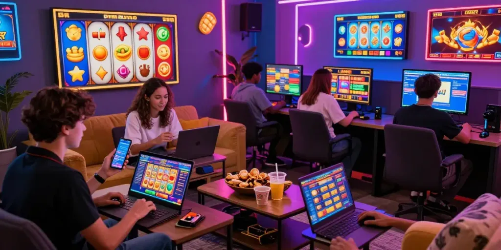 Players enjoying slot online games on various devices, surrounded by vibrant gaming graphics and a festive atmosphere.