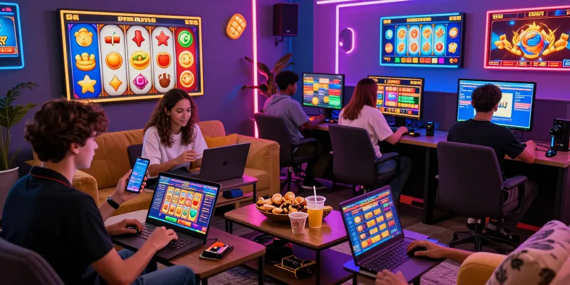 Players enjoying slot online games on various devices, surrounded by vibrant gaming graphics and a festive atmosphere.