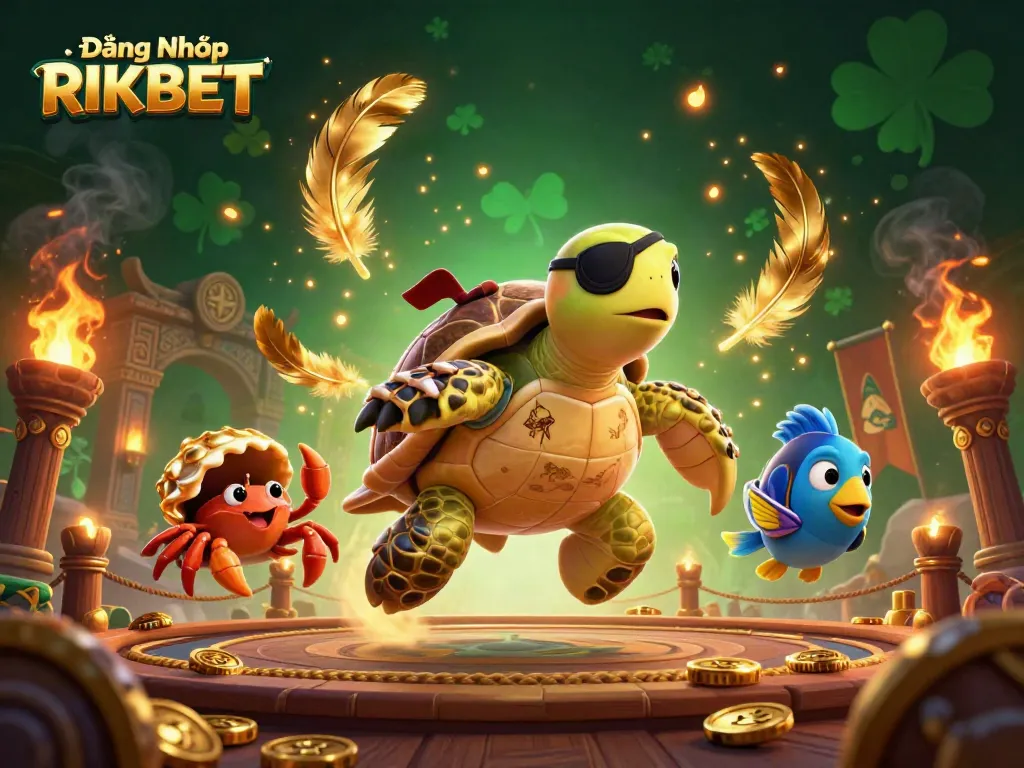 Engage in thrilling gaming action at Đăng Nhập RIKBET with vibrant 3D illustration of animated casino elements.