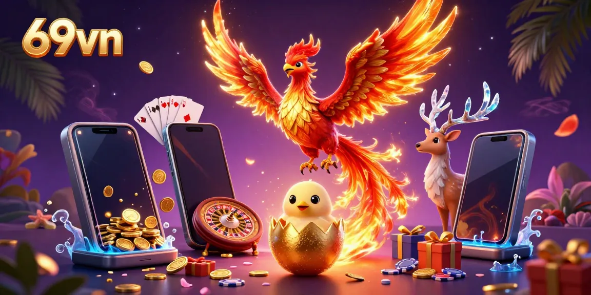 Experience excitement at 69vn with a vibrant scene of winning slots and casino elements.