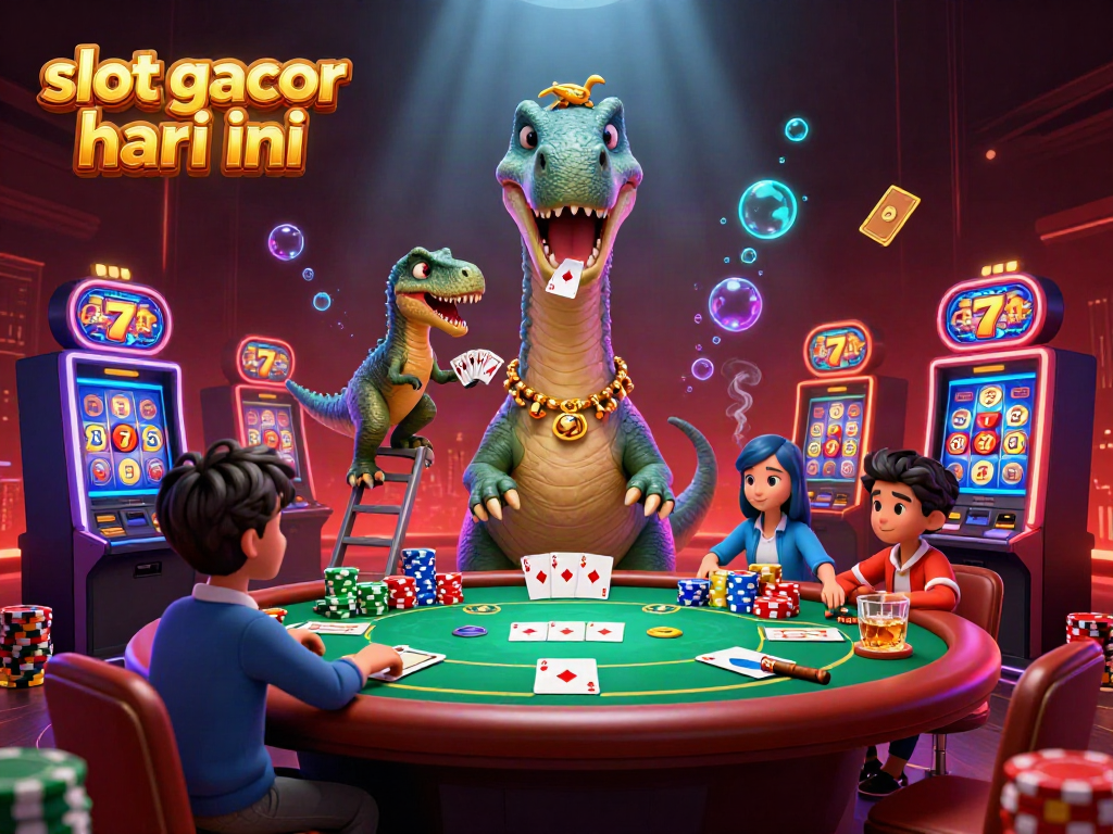 Exciting scene showcasing slot gacor hari ini with colorful slot machines and a giant brontosaurus in a casino.