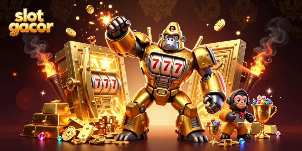 Experience the thrill of slot gacor action with a dynamic 3D illustration featuring a golden gorilla mech and treasures.