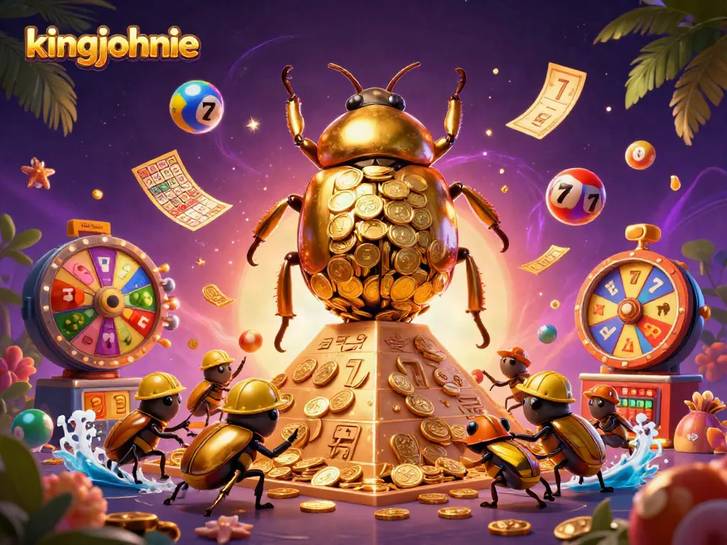Experience the thrilling excitement of kingjohnnie slots with this vibrant 3D illustration featuring colorful symbols and golden elements.