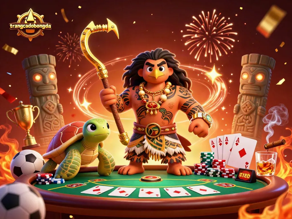Engage with trangcadobongda's dynamic sports betting scene featuring a tribal demigod and fun casino elements.