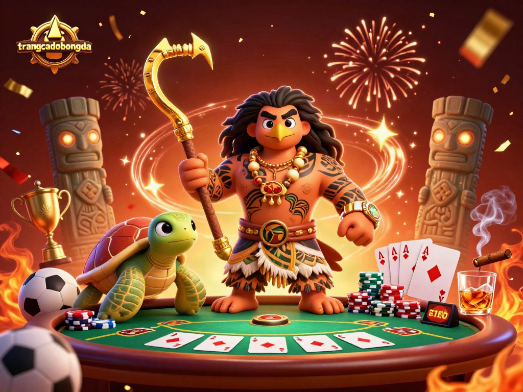 Engage with trangcadobongda's dynamic sports betting scene featuring a tribal demigod and fun casino elements.